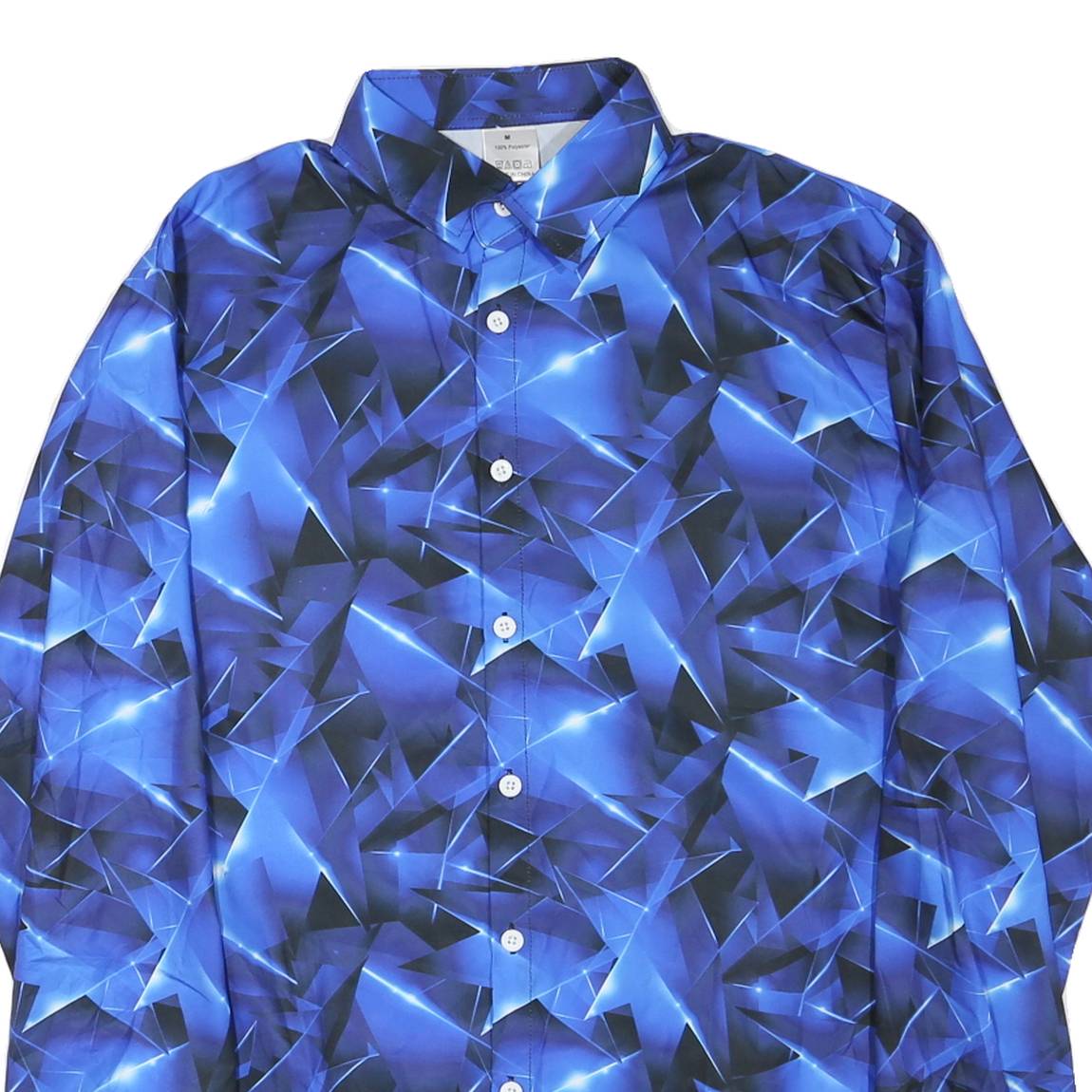 Mens Blue & Black Crazy Print Shirt M Long Sleeve Button Down Polyester Casual