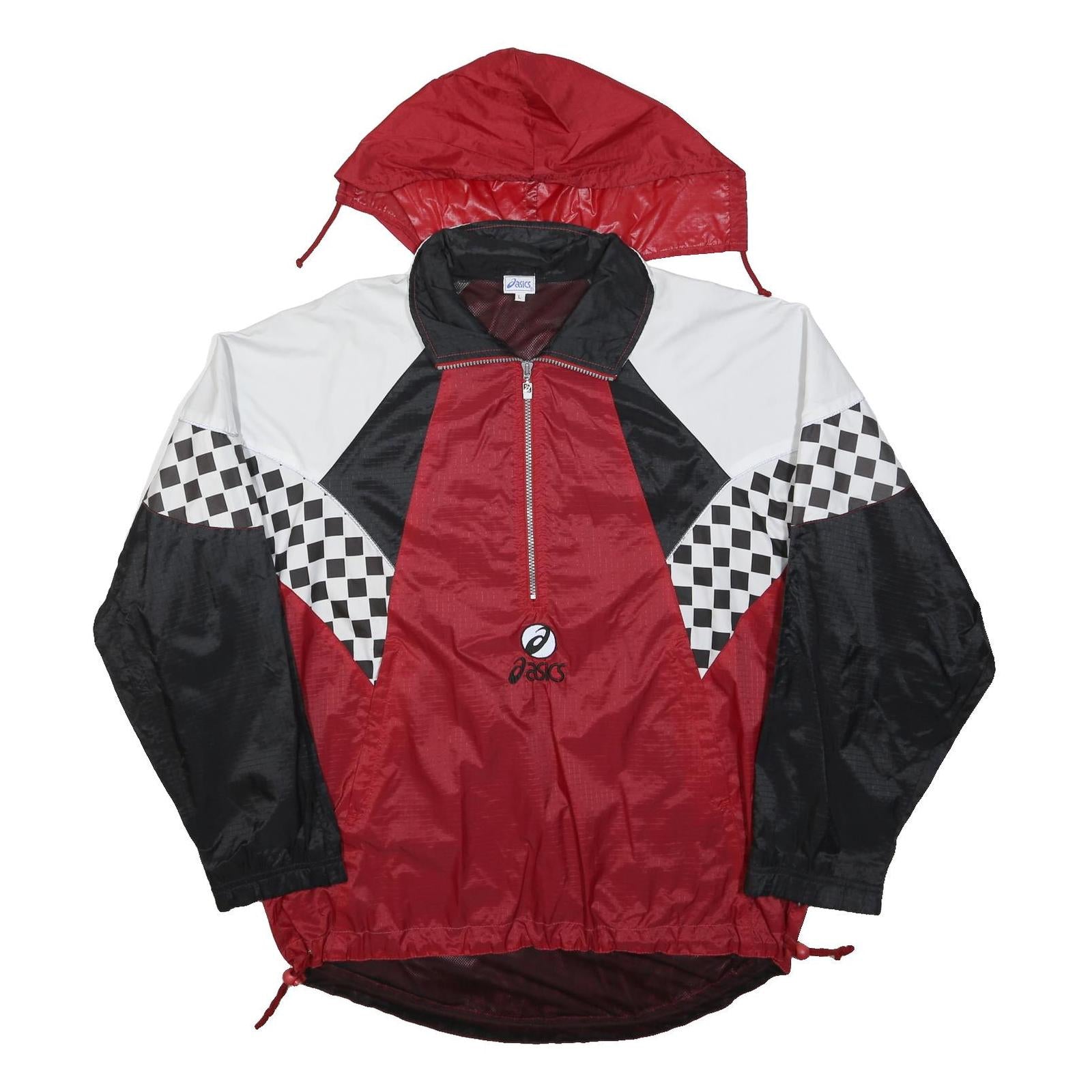 ASICS Mens Red & Black Check Panel Track Jacket L Polyester Zip Hooded