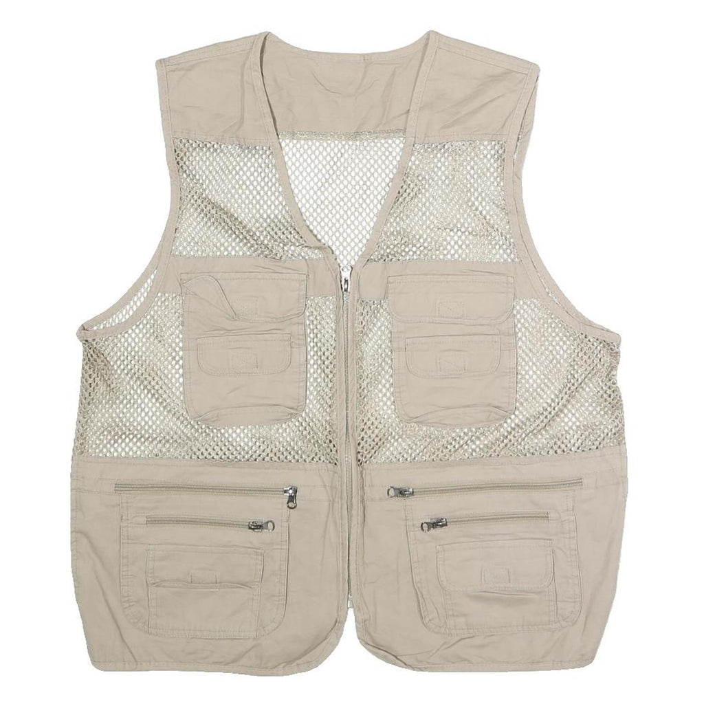Mens Beige Mesh & Polyester Blend Utility Jacket L Zip Vest Multi Pocket
