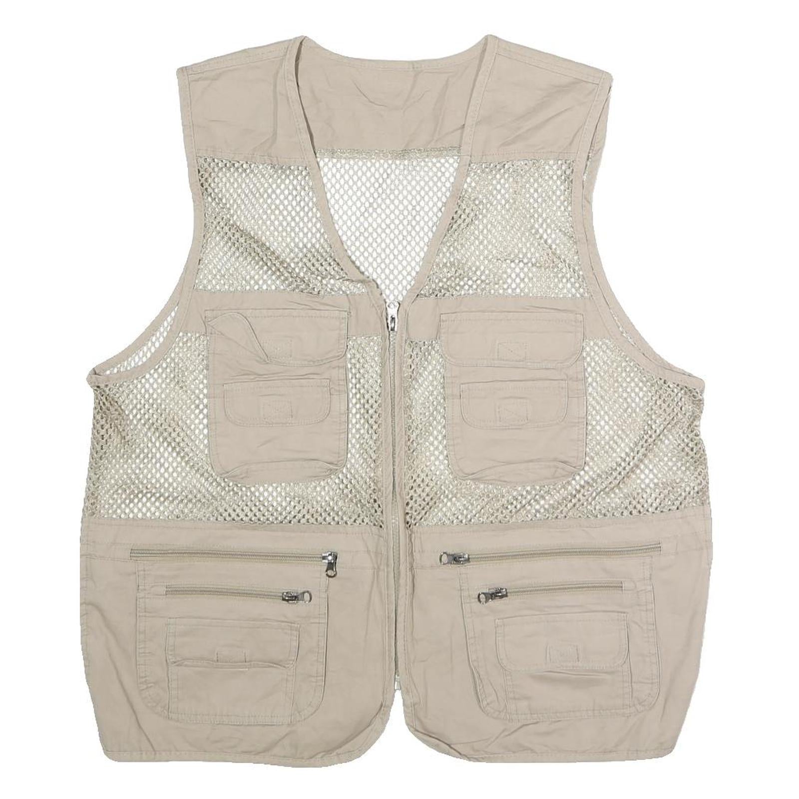 Mens Beige Mesh & Polyester Blend Utility Jacket L Zip Vest Multi Pocket