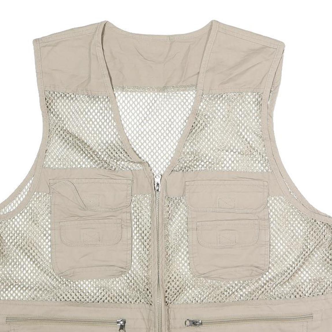 Mens Beige Mesh & Polyester Blend Utility Jacket L Zip Vest Multi Pocket