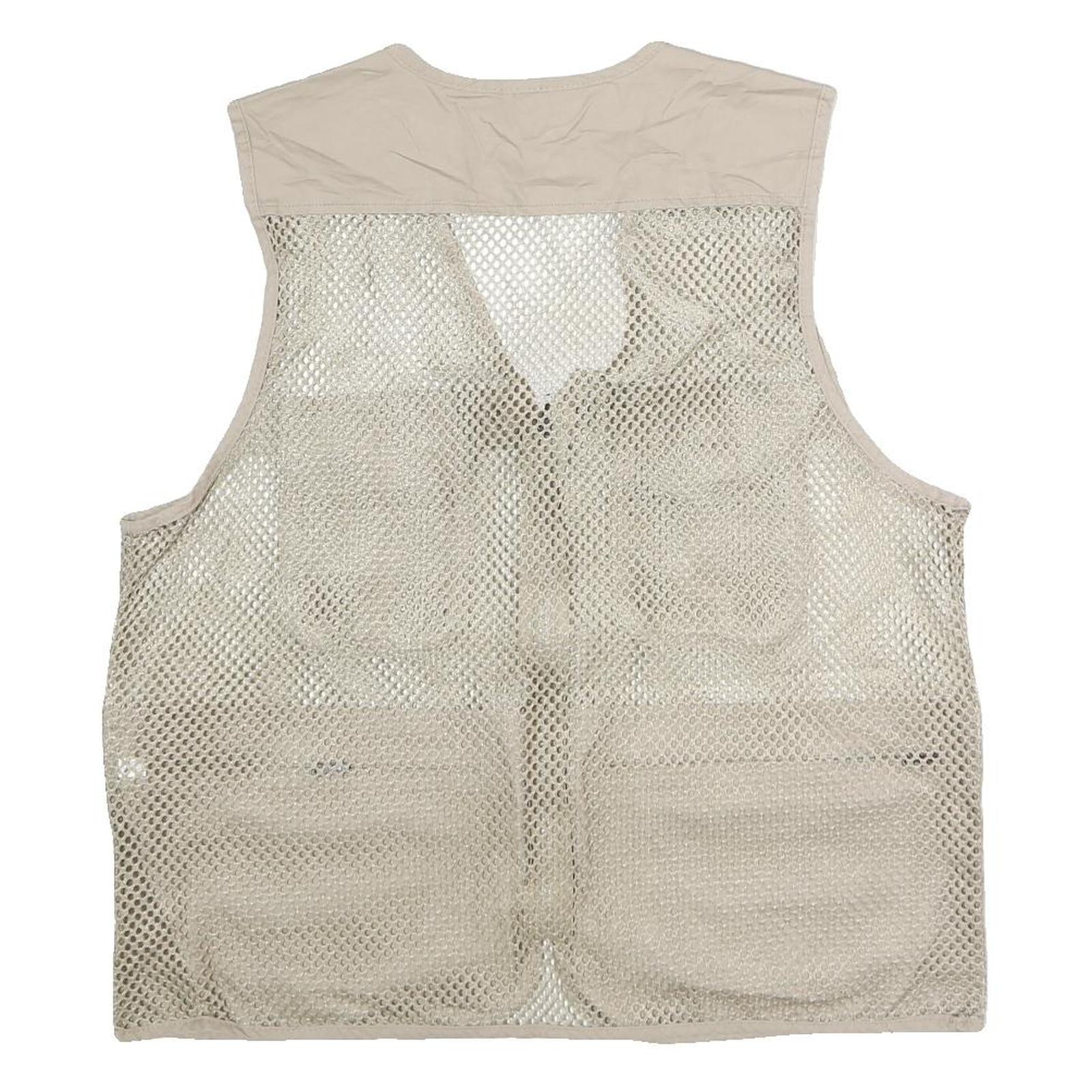 Mens Beige Mesh & Polyester Blend Utility Jacket L Zip Vest Multi Pocket