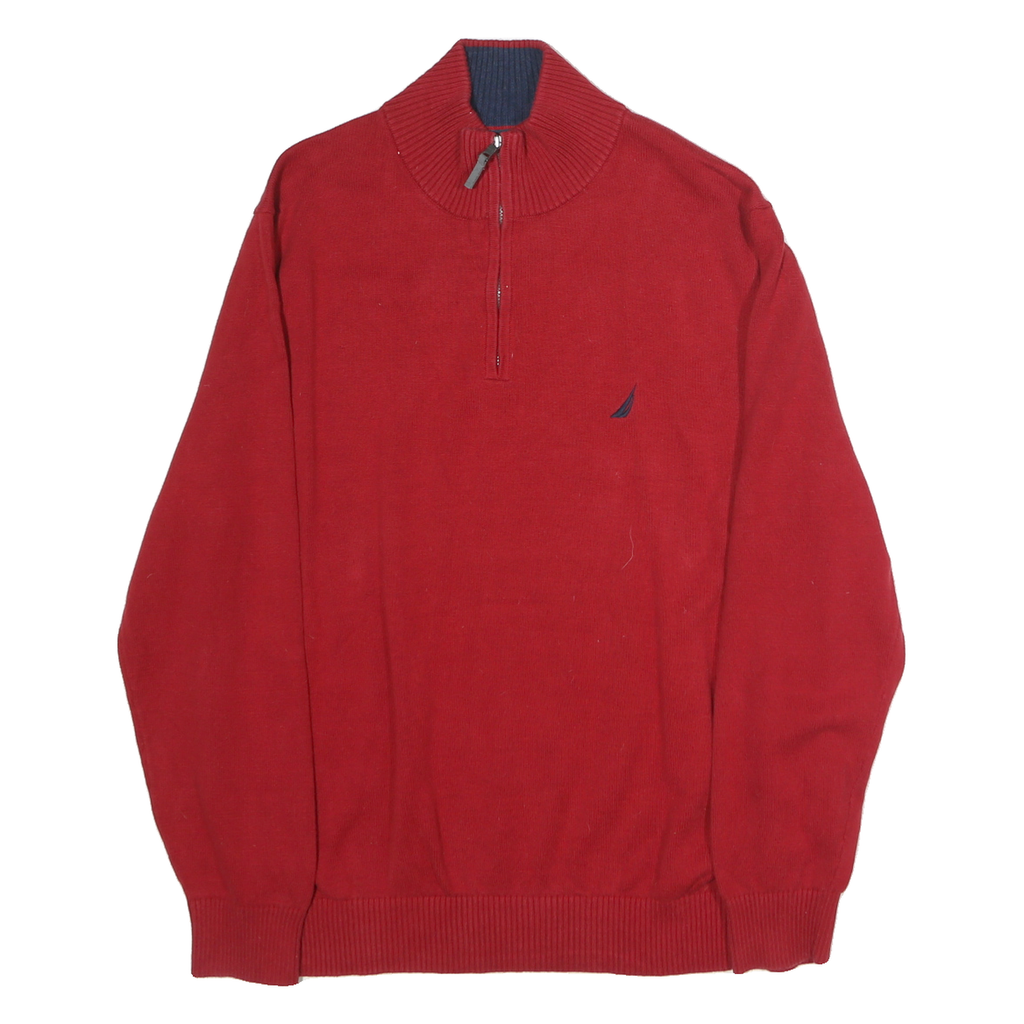 NAUTICA Mens Red Pullover Plain High Neck Basic Knit L Cotton Jumper Zippered