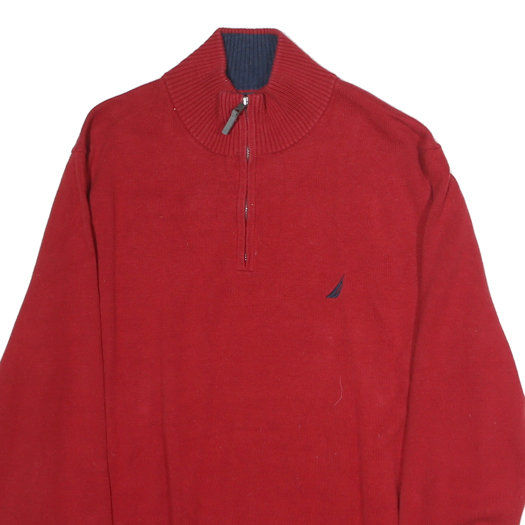 NAUTICA Mens Red Pullover Plain High Neck Basic Knit L Cotton Jumper Zippered