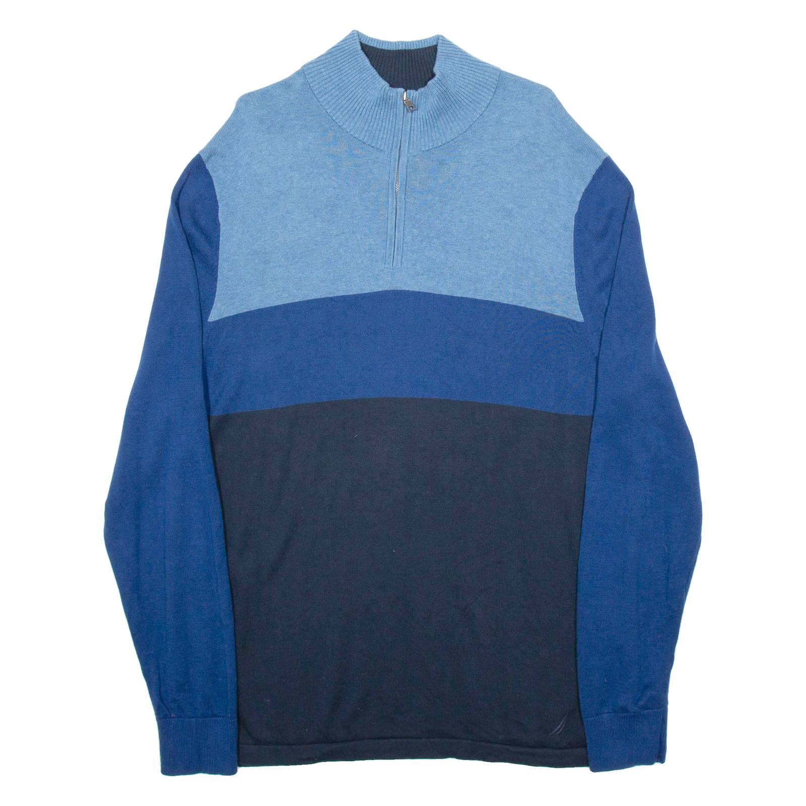 NAUTICA Mens Patterned Jumper Blue Colourblock 1/4 Zip Tight Knit L
