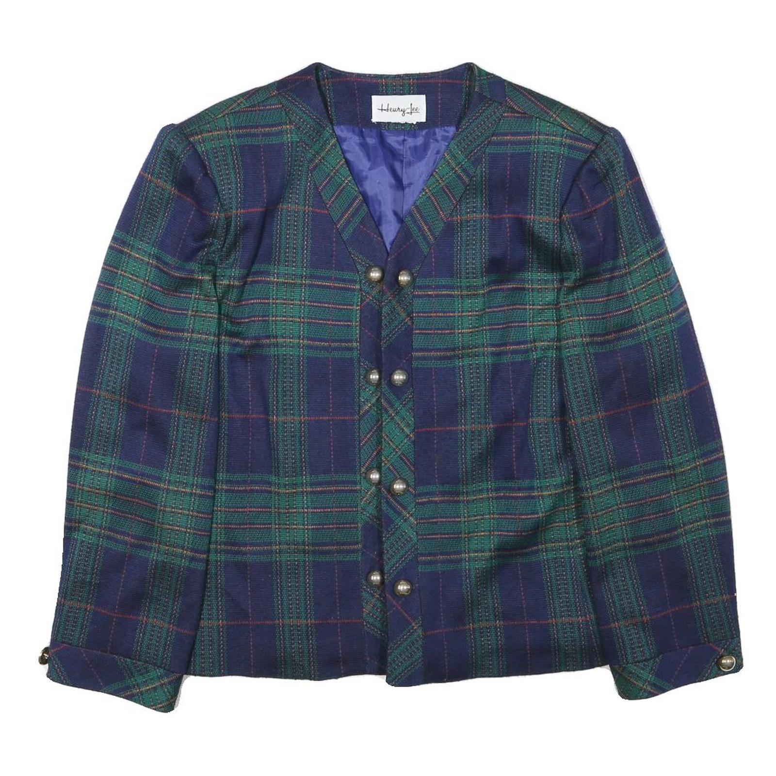 HERVY LEE Womens Blue Green Check Jacket L Polyester Blend Tailored Classic