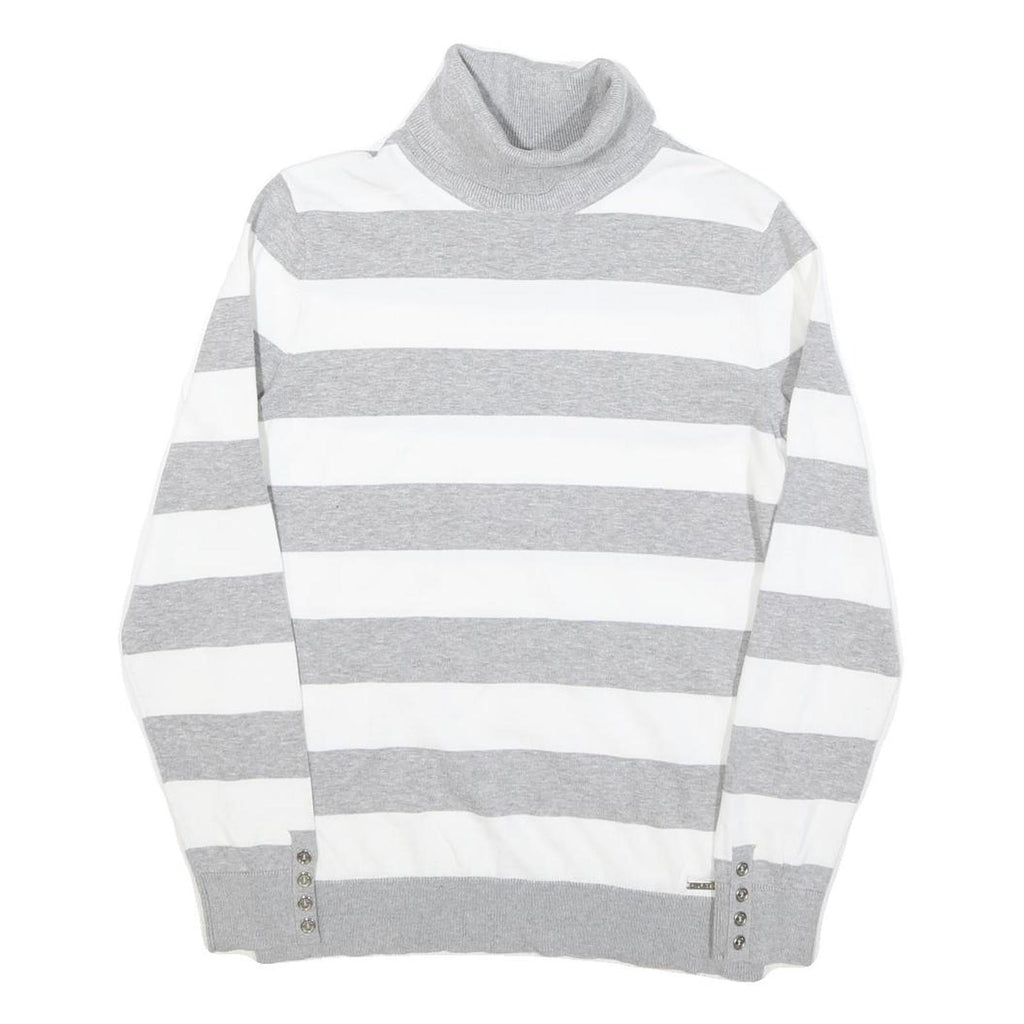 TOMMY HILFIGER Womens Grey & White Striped Plain Roll Neck Jumper M Cotton Blend