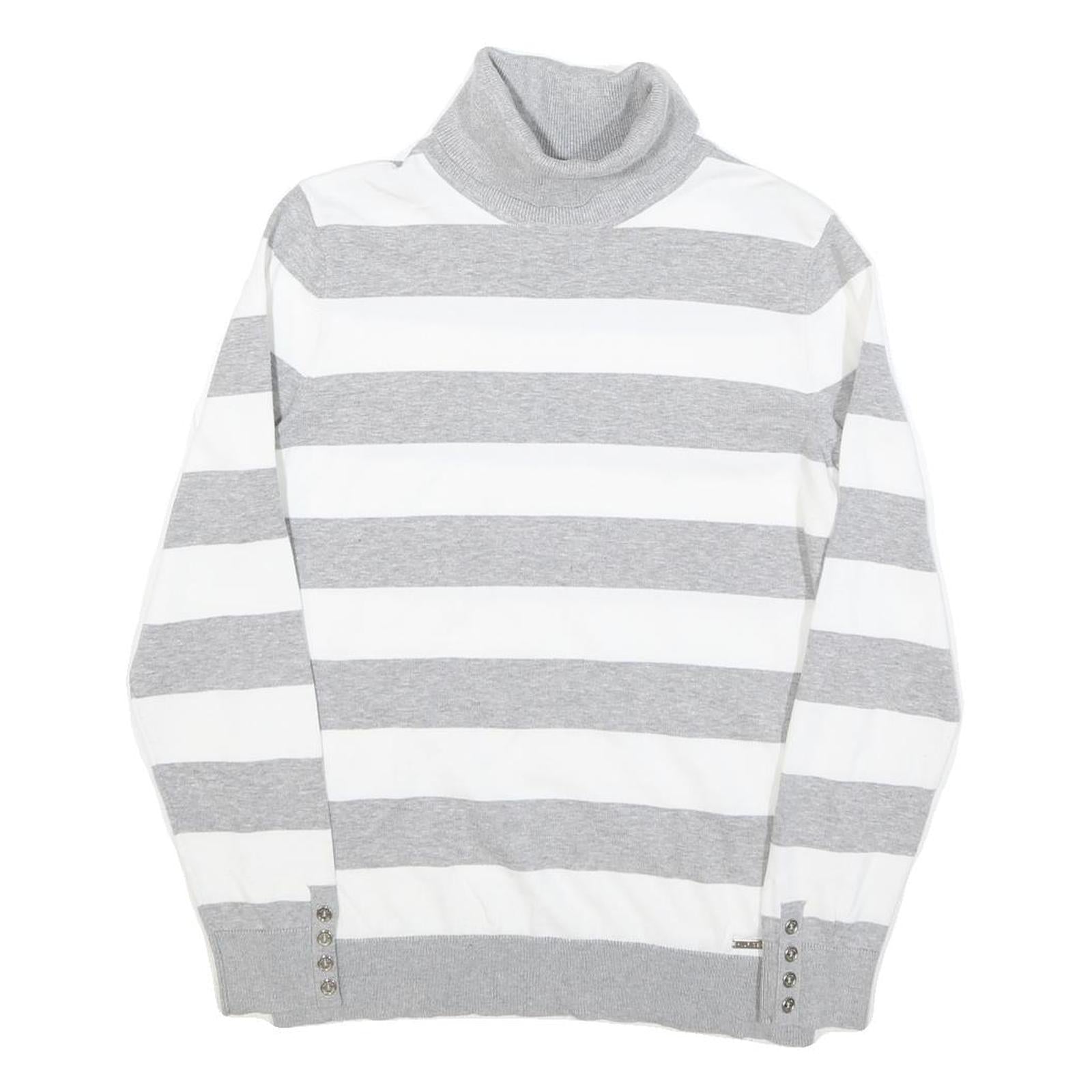 TOMMY HILFIGER Womens Grey & White Striped Plain Roll Neck Jumper M Cotton Blend