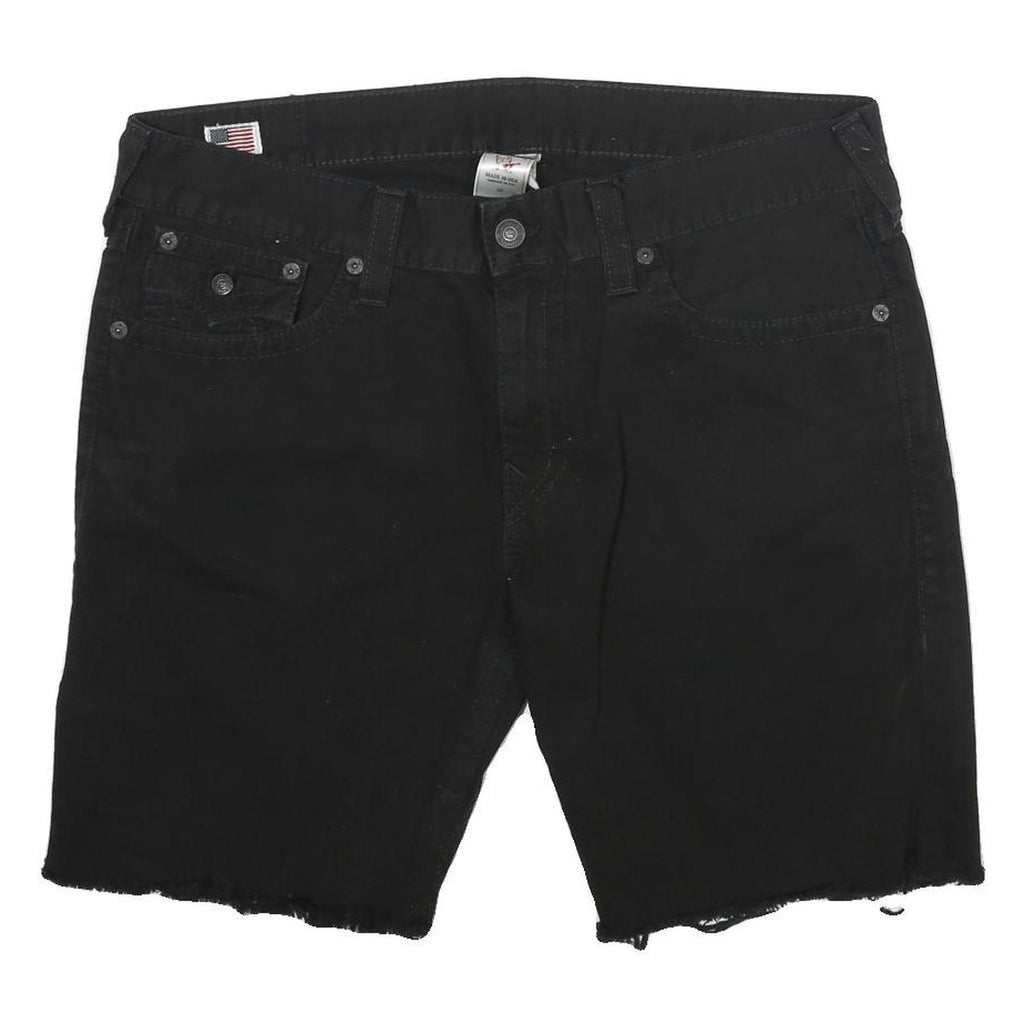 TRUE RELIGION Mens Black Denim Cut-Off Shorts XL W38 Distressed Hem Buttons