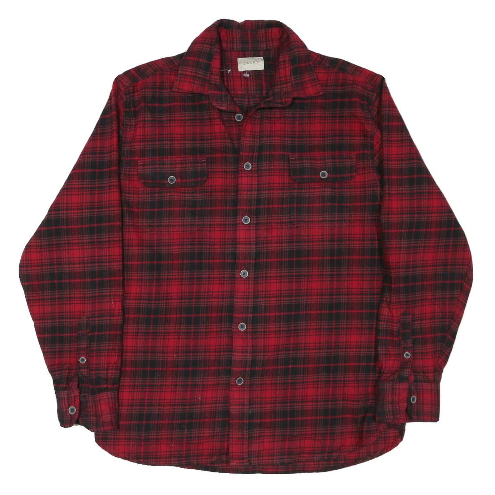 JACHS Mens Red & Black Plaid Shirt L Cotton Blend Long Sleeve Button Closure