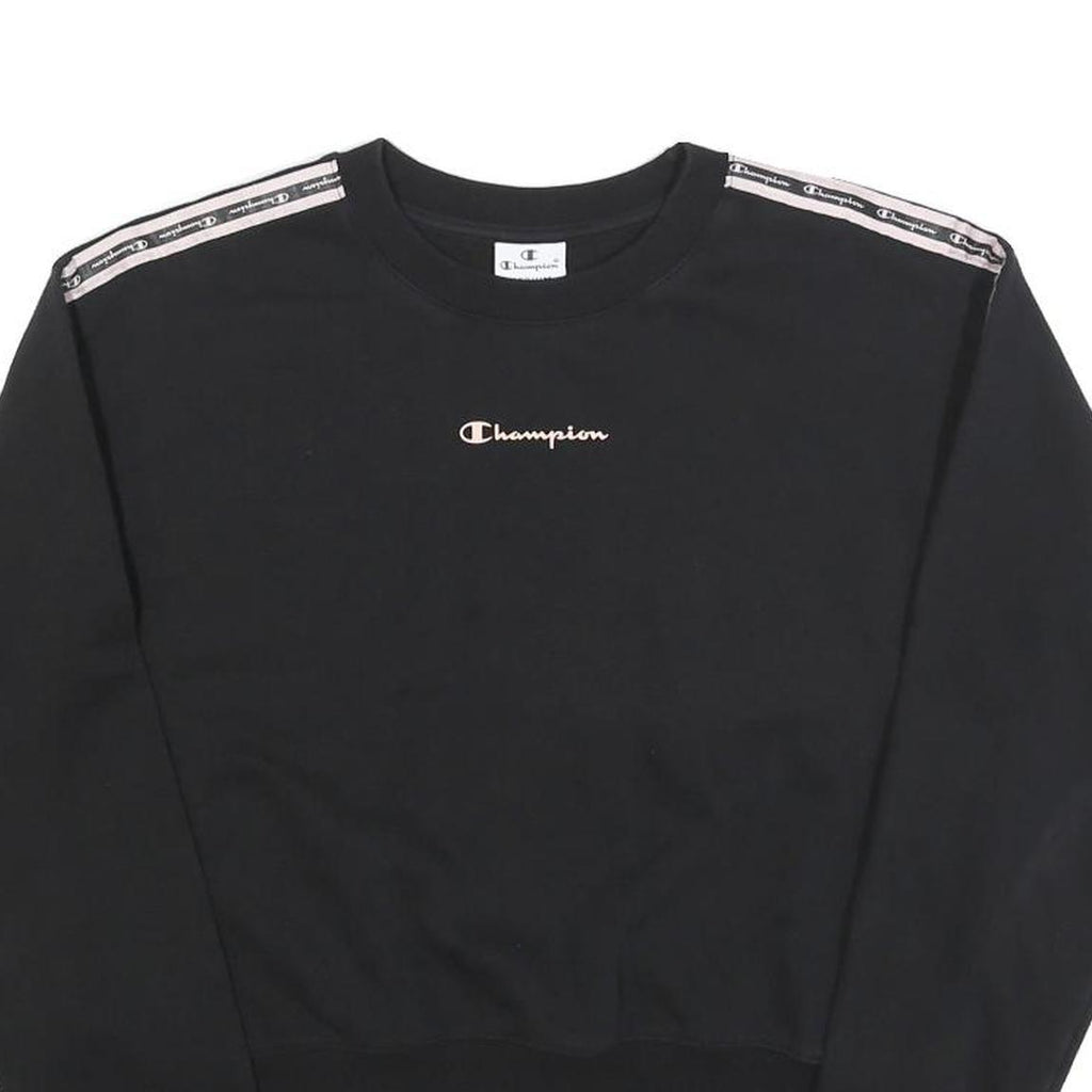 CHAMPION Womens Black Crop Crew Neck Sweatshirt M Cotton Blend Logo Tape