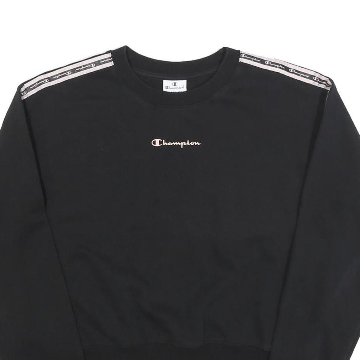 CHAMPION Womens Black Crop Crew Neck Sweatshirt M Cotton Blend Logo Tape