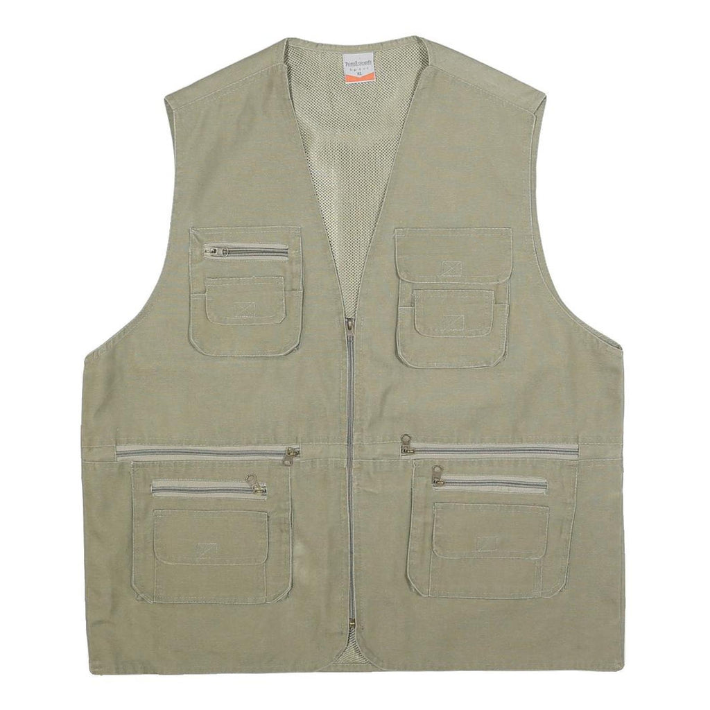 PRIMO & SECONDO Mens Beige Cotton Blend Utility Vest XL Woven Zip Pocketed