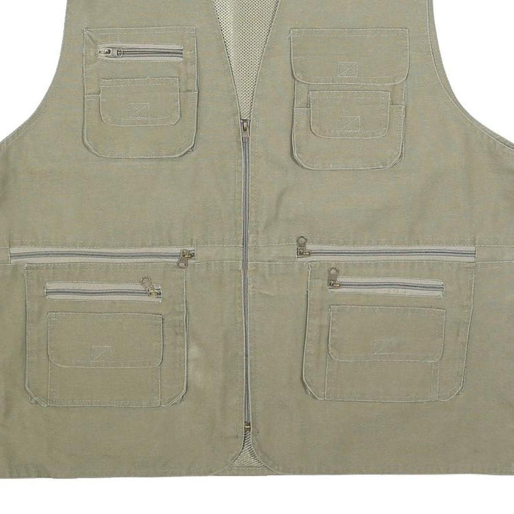 PRIMO & SECONDO Mens Beige Cotton Blend Utility Vest XL Woven Zip Pocketed