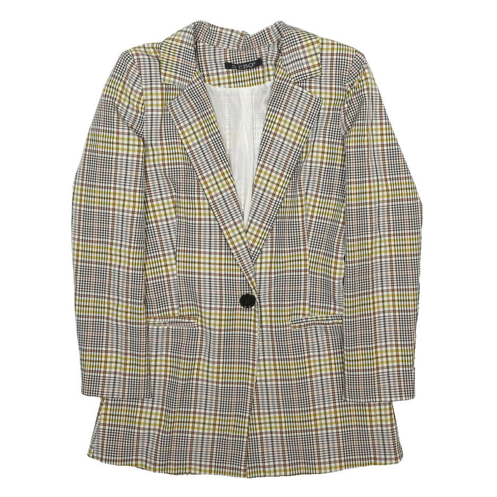 S'EBO Womens Beige & Brown Checked Blazer Jacket S Polyester Blend Button