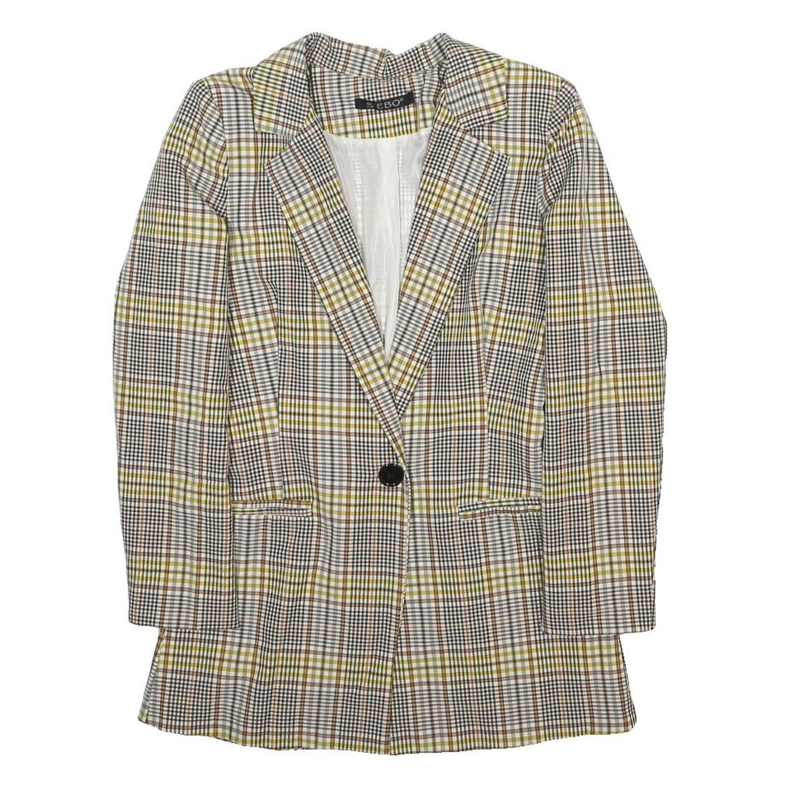 S'EBO Womens Beige & Brown Checked Blazer Jacket S Polyester Blend Button