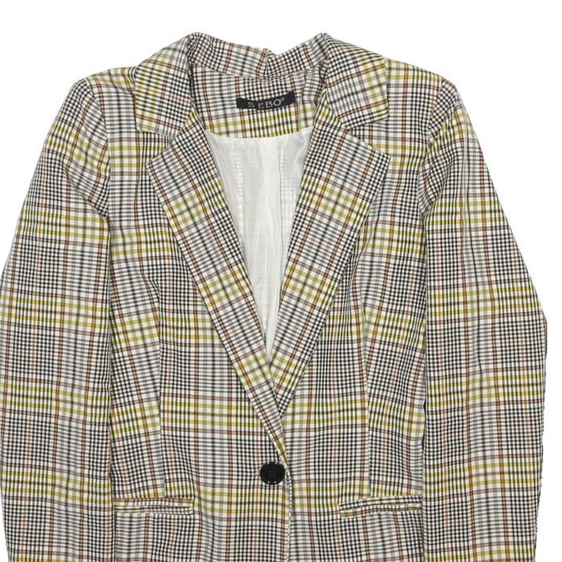 S'EBO Womens Beige & Brown Checked Blazer Jacket S Polyester Blend Button