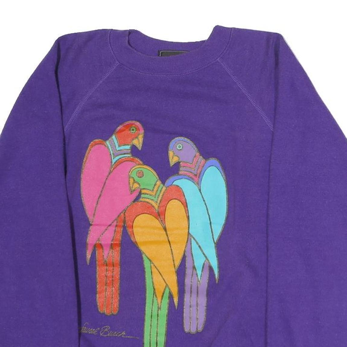 HANES Womens Purple Cotton Blend Sweatshirt M Crew Neck Pullover Colourful Bird