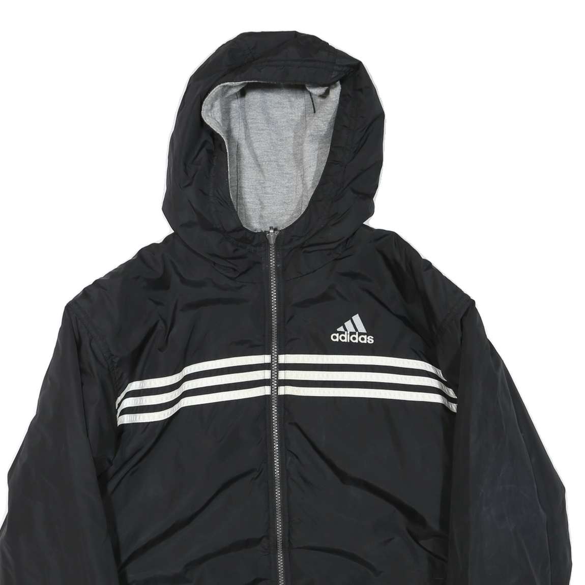 ADIDAS Mens Black White Three Stripe Hooded Jacket L Polyester Blend Zip