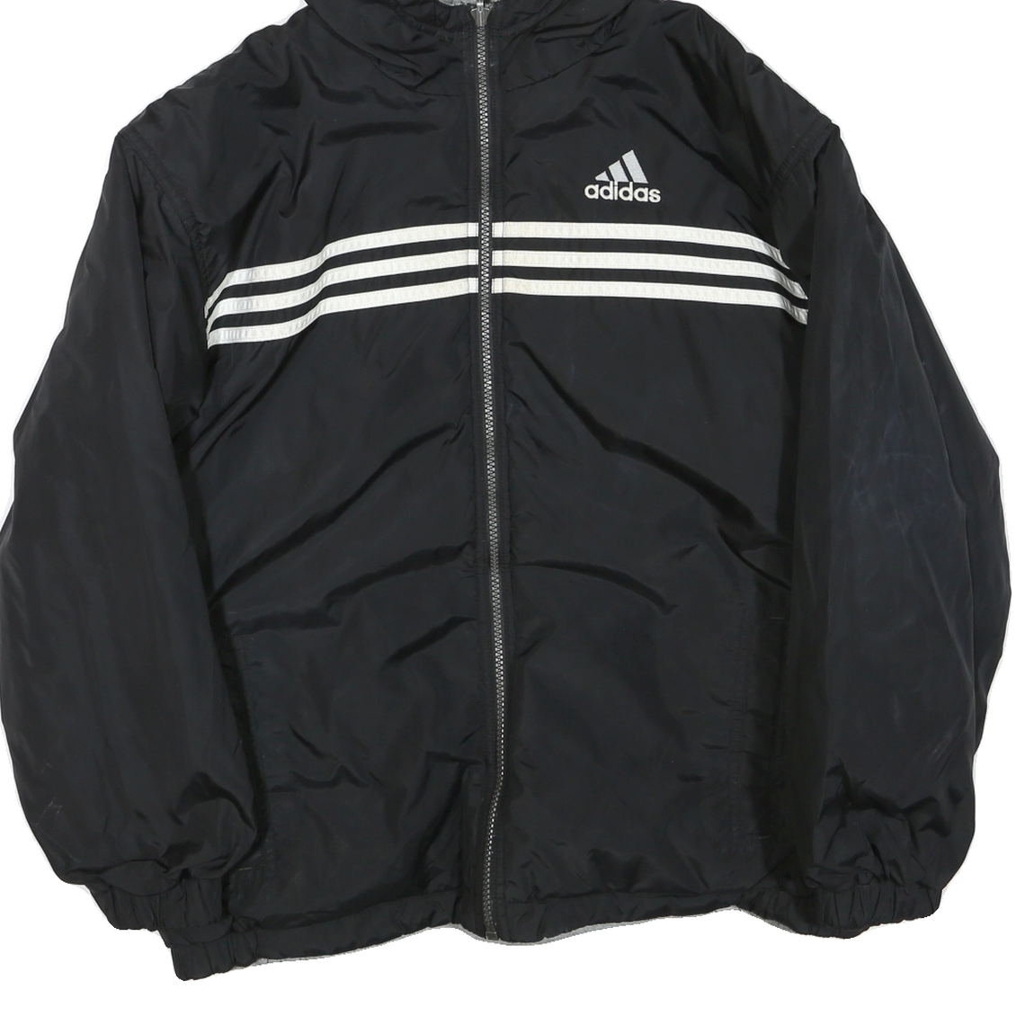 ADIDAS Mens Black White Three Stripe Hooded Jacket L Polyester Blend Zip