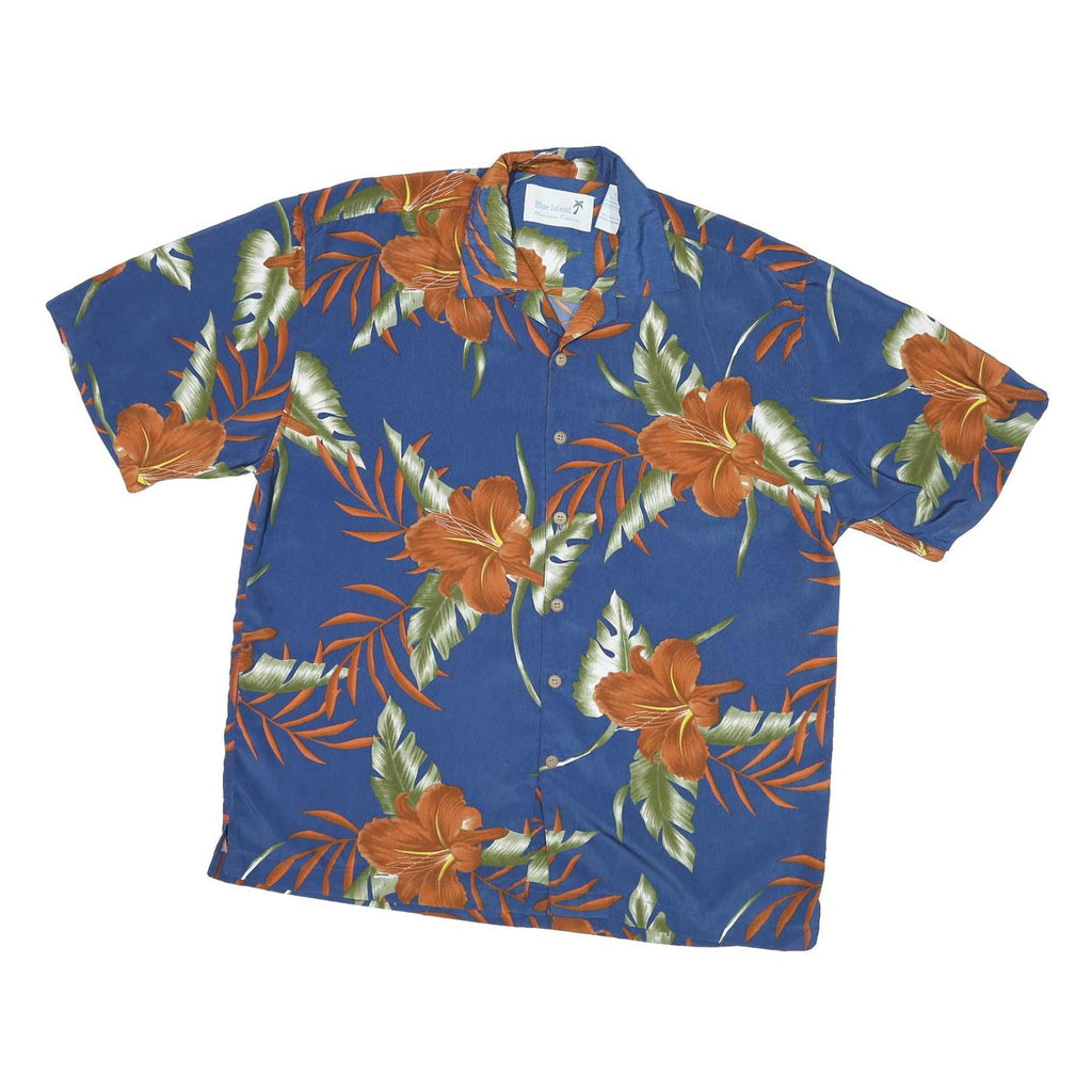BLUE ISLAND Mens Blue & Orange Floral Polyester Shirt L Summer Casual Beach