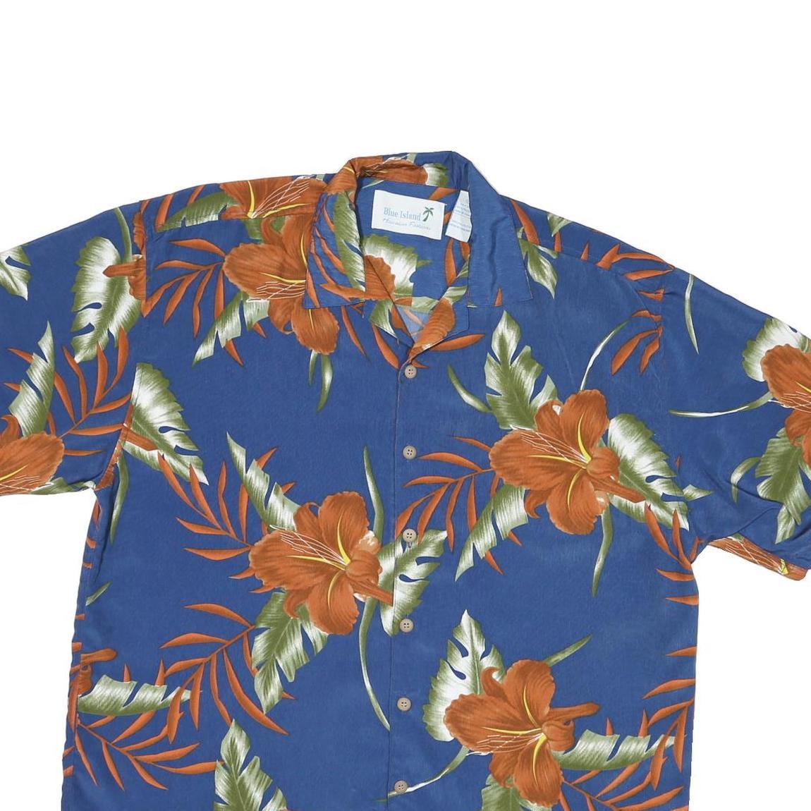 BLUE ISLAND Mens Blue & Orange Floral Polyester Shirt L Summer Casual Beach
