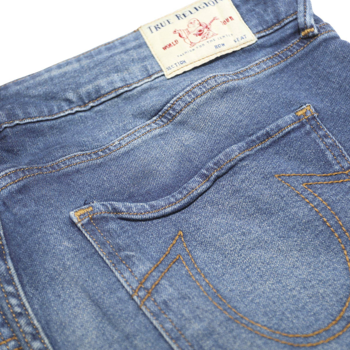 TRUE RELIGION Womens Slim Blue Denim Light Wash Jeans W34 L29 Zip Pockets
