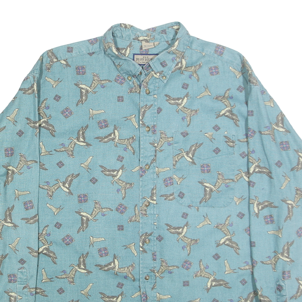 RUFF HEWN Mens Blue Cotton Bird Print Shirt XL Button-Down Long Sleeve Casual