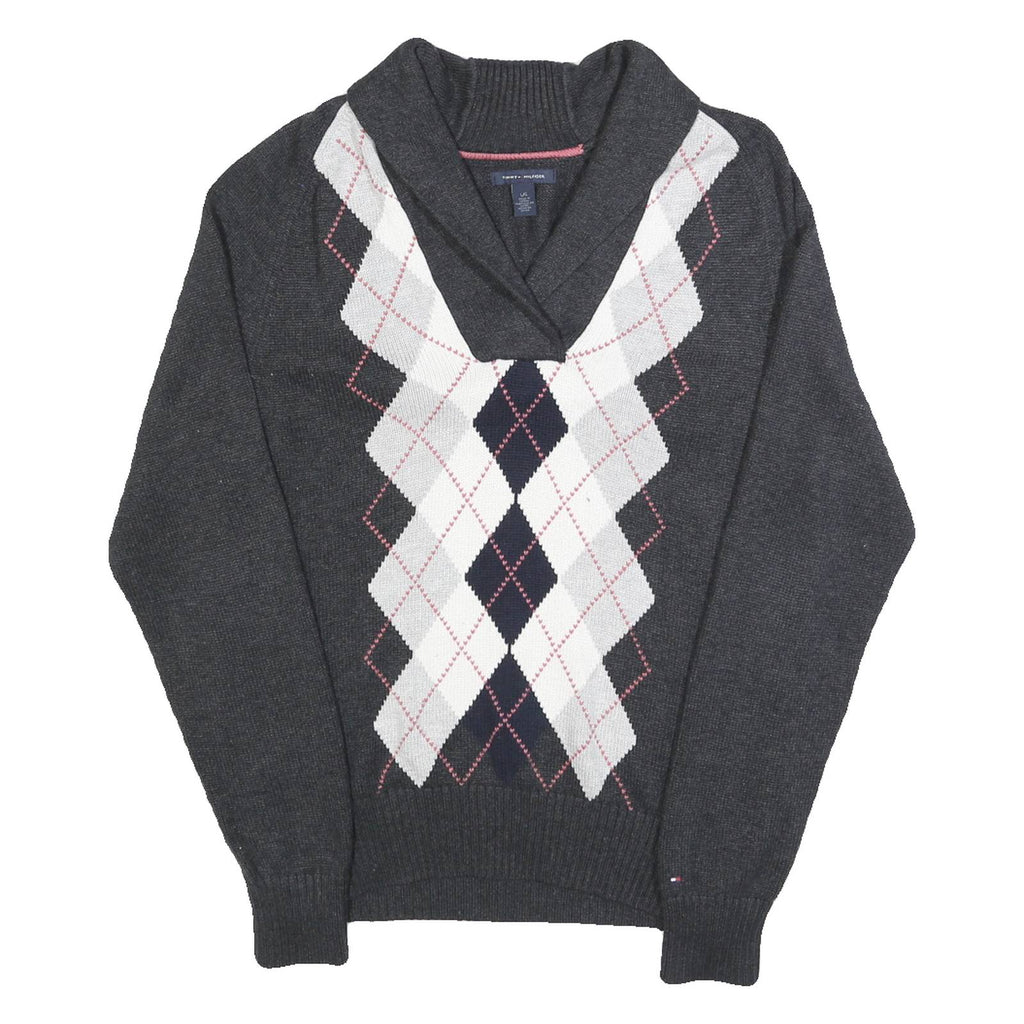 TOMMY HILFIGER Womens Grey Argyle Pattern Jumper Shawl Collar Cable Knit L