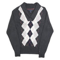 TOMMY HILFIGER Womens Grey Argyle Pattern Jumper Shawl Collar Cable Knit L
