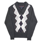 TOMMY HILFIGER Womens Grey Argyle Pattern Jumper Shawl Collar Cable Knit L