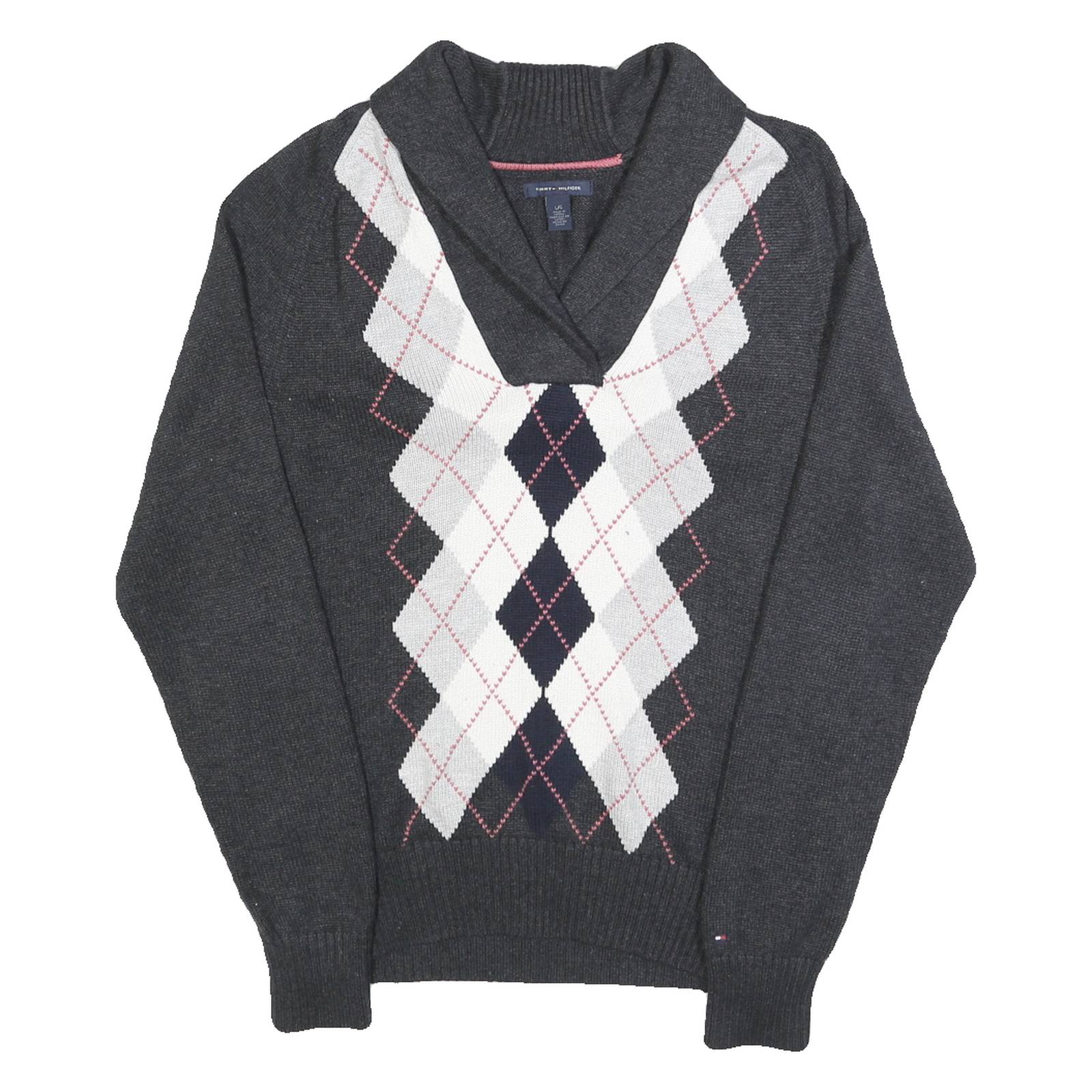 TOMMY HILFIGER Womens Grey Argyle Pattern Jumper Shawl Collar Cable Knit L