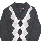 TOMMY HILFIGER Womens Grey Argyle Pattern Jumper Shawl Collar Cable Knit L