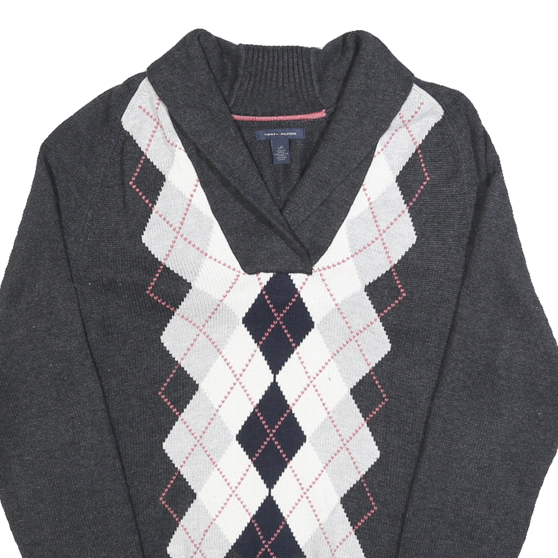 TOMMY HILFIGER Womens Grey Argyle Pattern Jumper Shawl Collar Cable Knit L