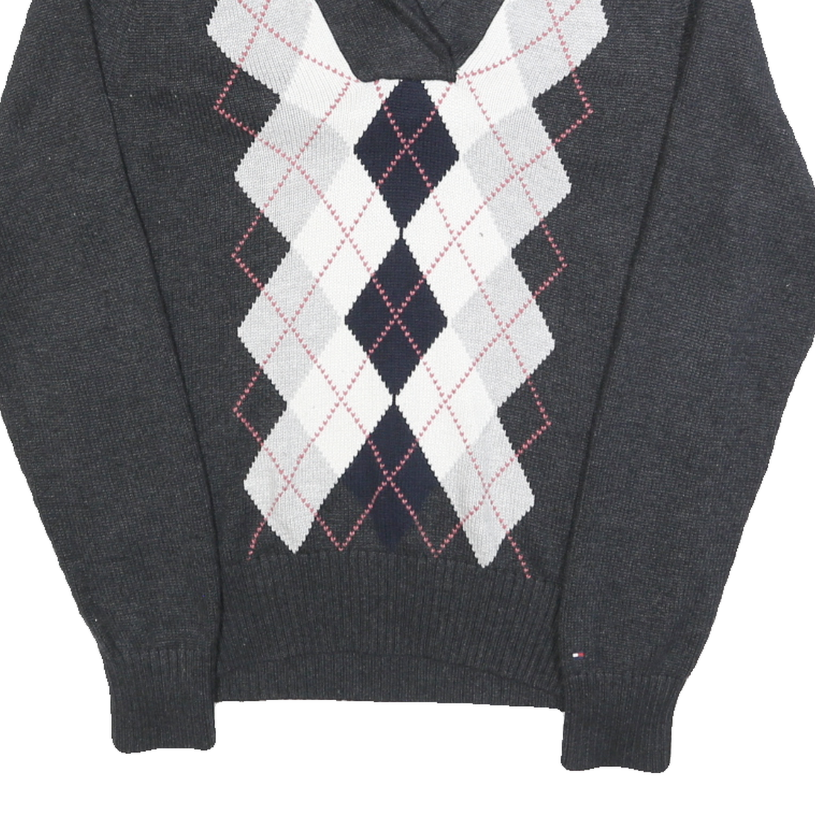 TOMMY HILFIGER Womens Grey Argyle Pattern Jumper Shawl Collar Cable Knit L