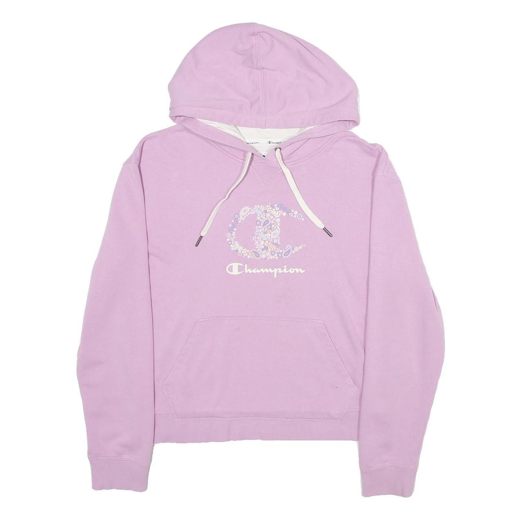 CHAMPION Womens Purple Hoodie L Floral Logo Cotton Blend Pullover