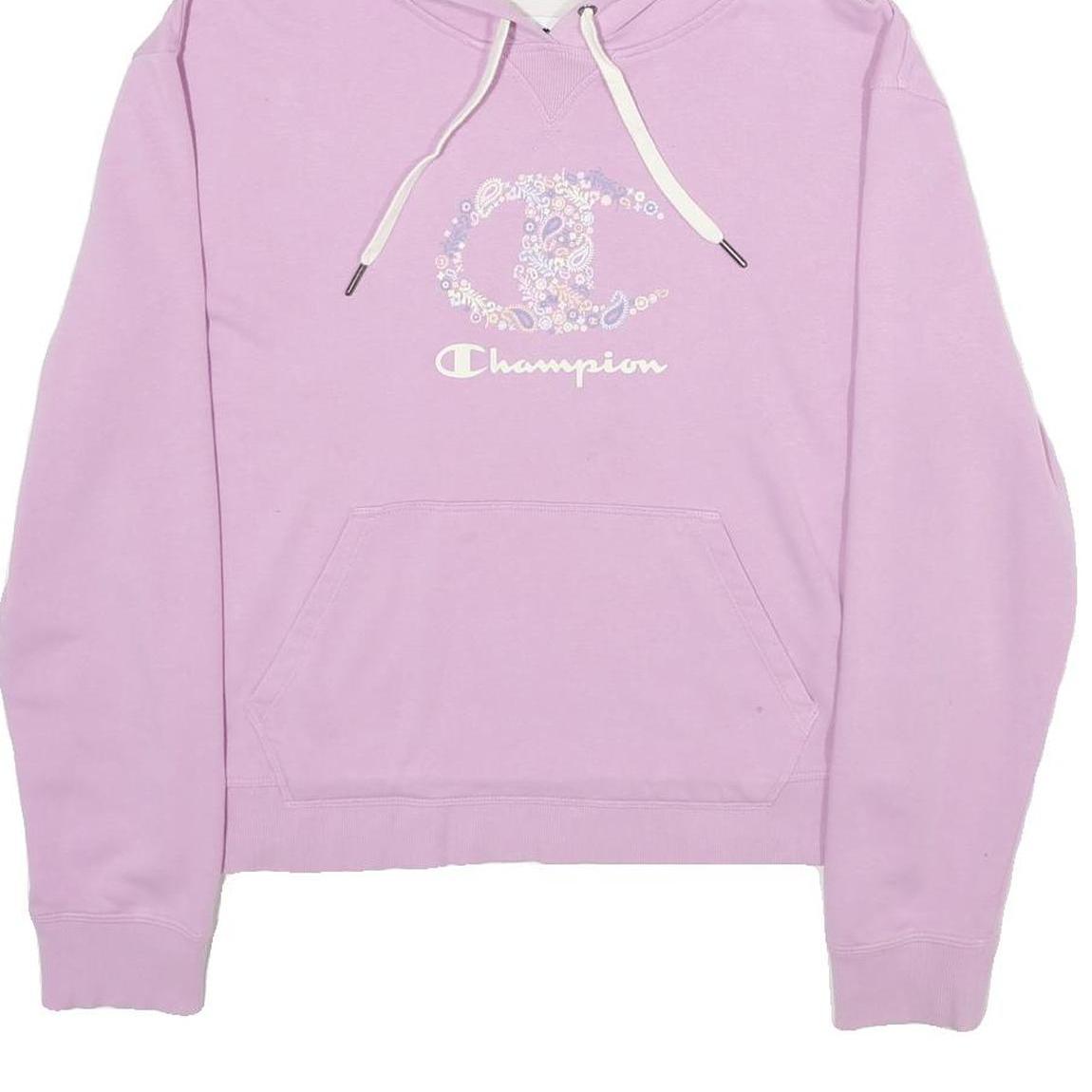 CHAMPION Womens Purple Hoodie L Floral Logo Cotton Blend Pullover