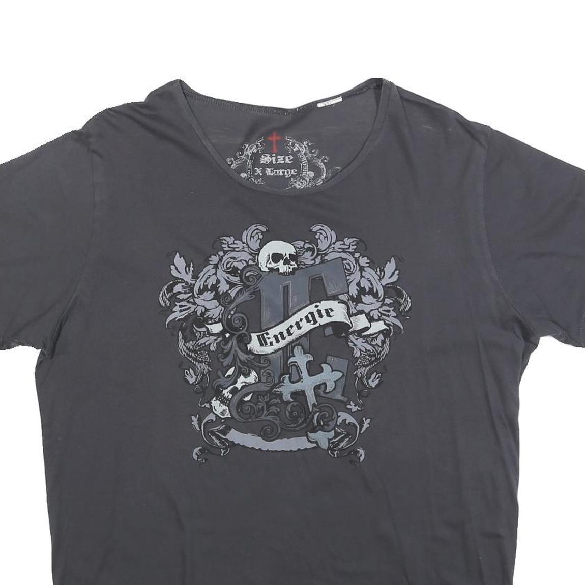 ENERGIE Womens Black Graphic T-Shirt XL Short Sleeve Round Neck Cotton Blend