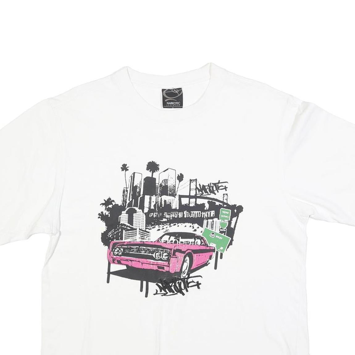 NARKOTIC Mens White Graphic T-Shirt L Short Sleeve Crew Neck Cotton Blend