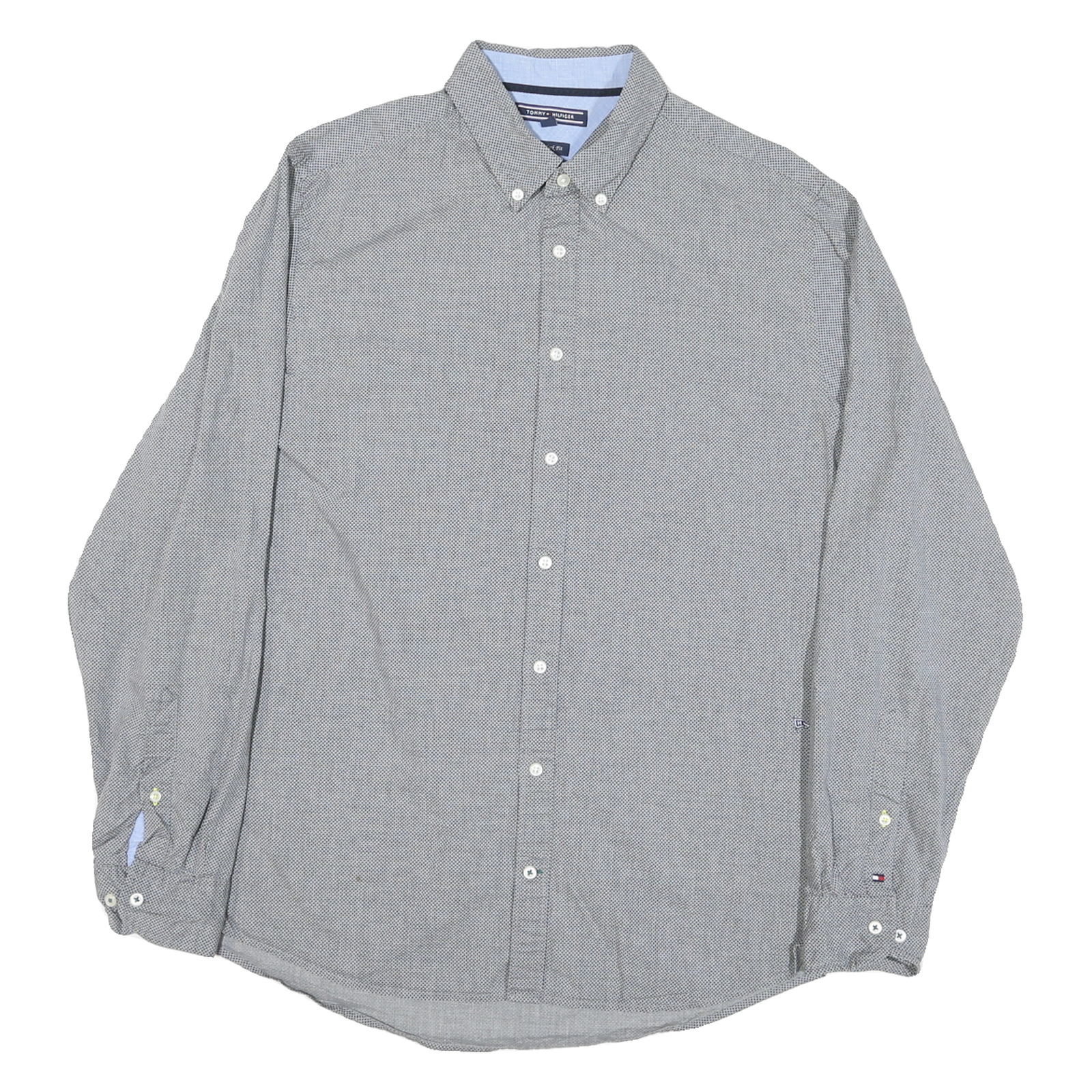 TOMMY HILFIGER Mens Grey & Navy Check Shirt L Button-Down Collar Long Sleeve