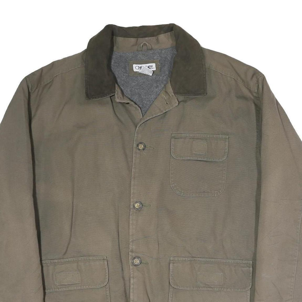 CHEROKEE Mens Green Cotton Jacket L Button Plain Casual Classic Three Pocket