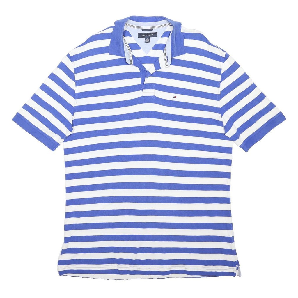 TOMMY HILFIGER Mens Blue & White Striped Short Sleeve Polo Shirt XL Cotton Blend