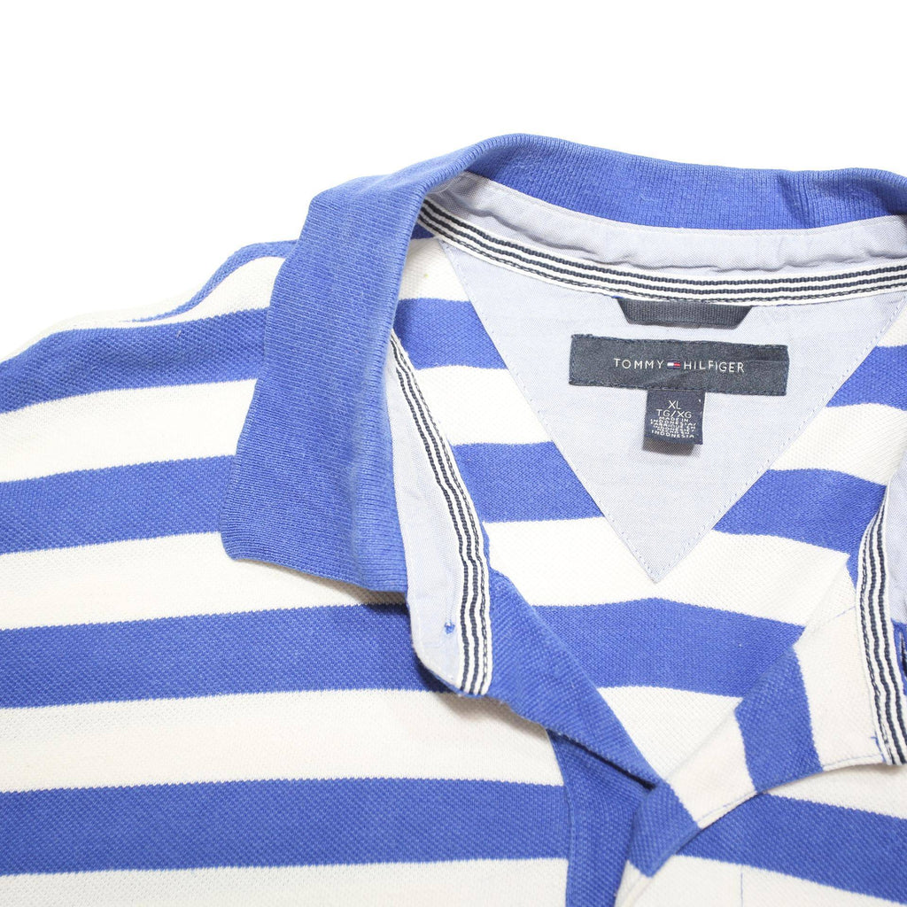 TOMMY HILFIGER Mens Blue & White Striped Short Sleeve Polo Shirt XL Cotton Blend