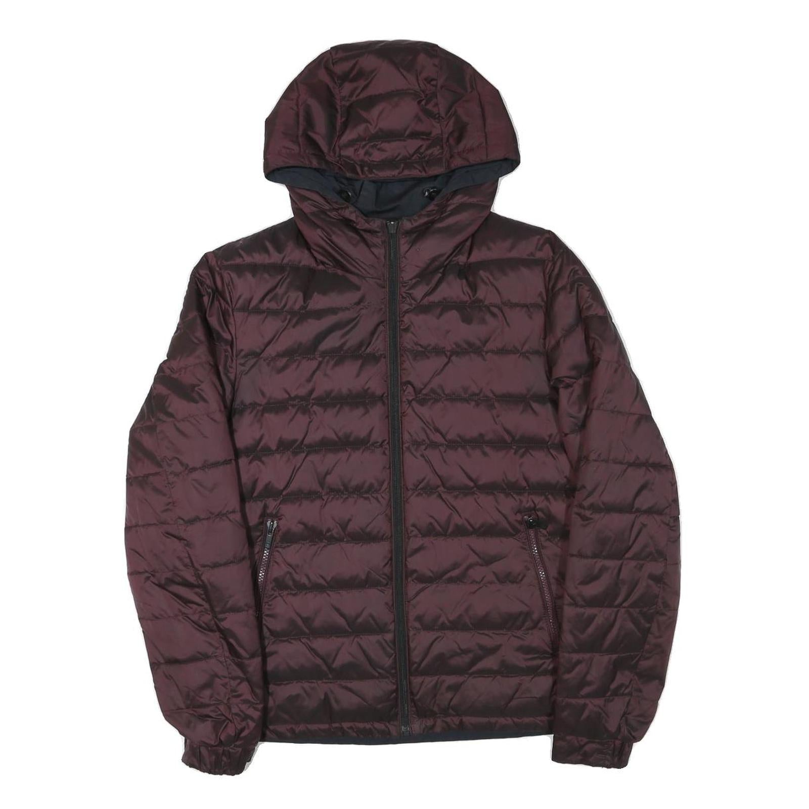 Mens Burgundy & Navy Reversible Quilted Jacket M Polyester Blend Hooded Zip