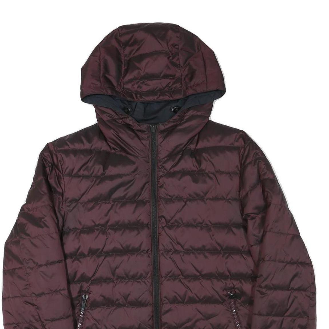 Mens Burgundy & Navy Reversible Quilted Jacket M Polyester Blend Hooded Zip