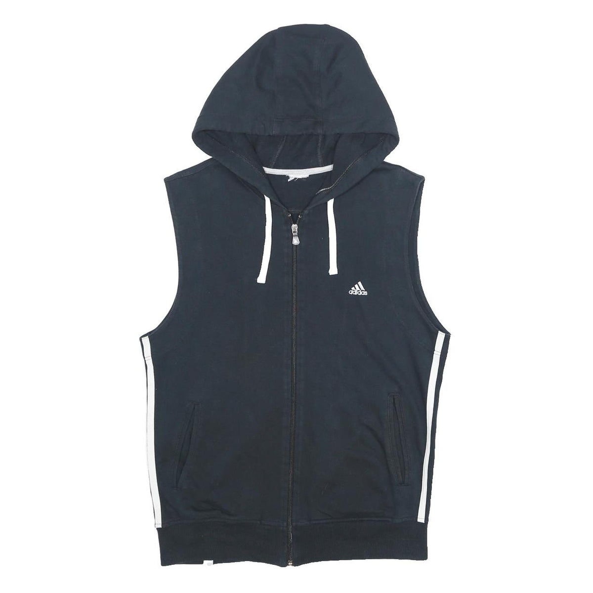 ADIDAS Mens Black & White Sleeveless Hoodie S Cotton Blend Zip Up Casual
