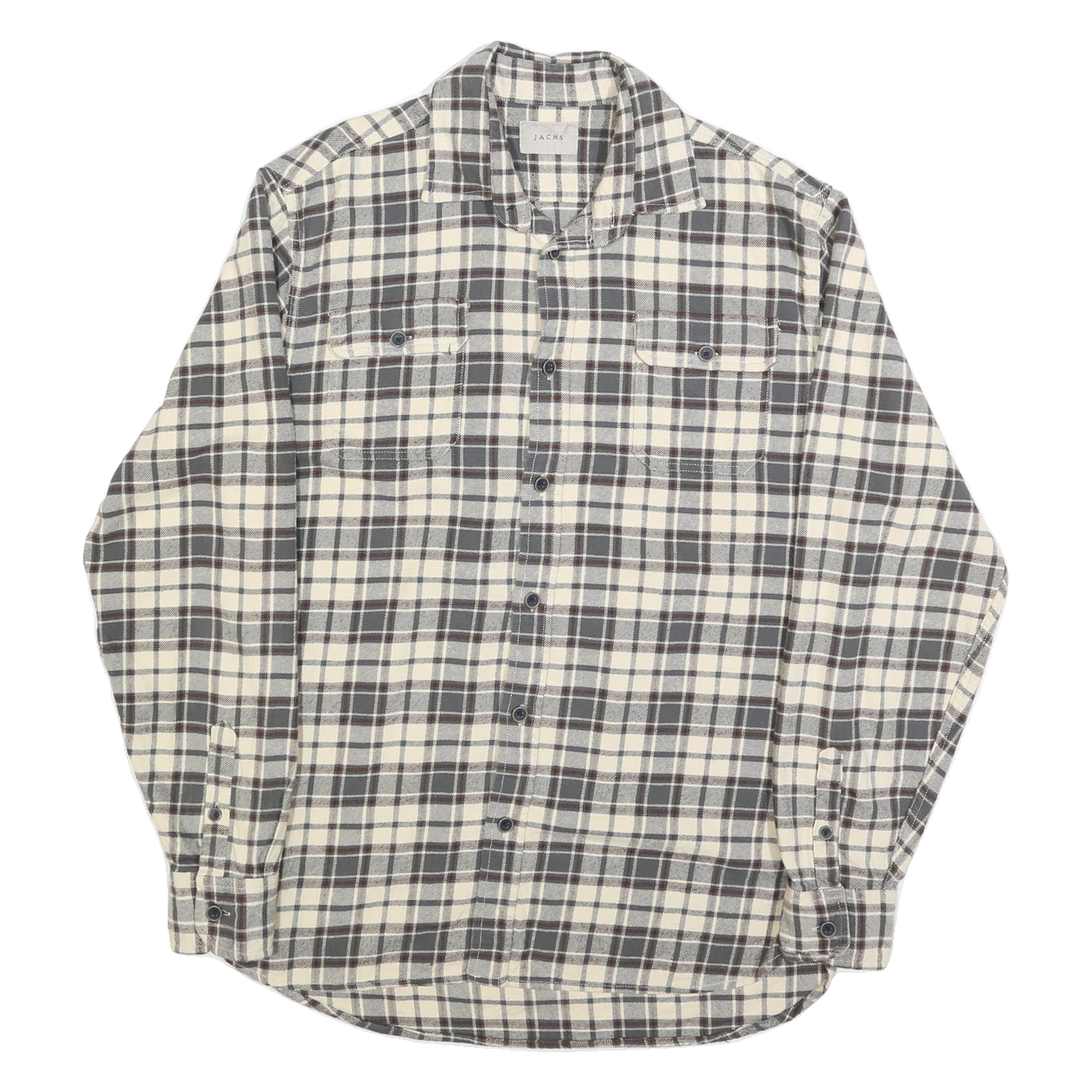JACHS Mens Cream & Grey Check Shirt L Cotton Blend Casual Long Sleeve Button
