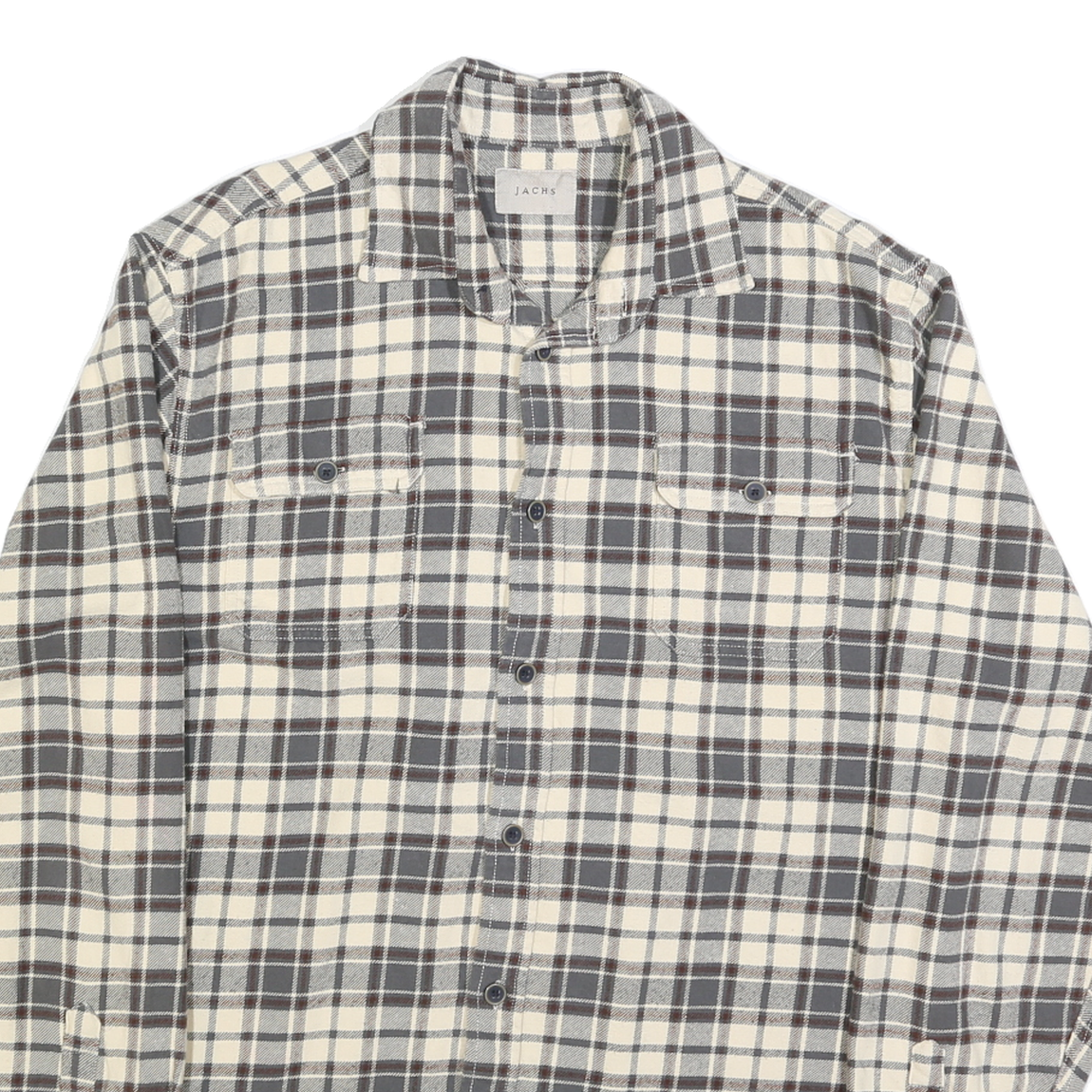 JACHS Mens Cream & Grey Check Shirt L Cotton Blend Casual Long Sleeve Button