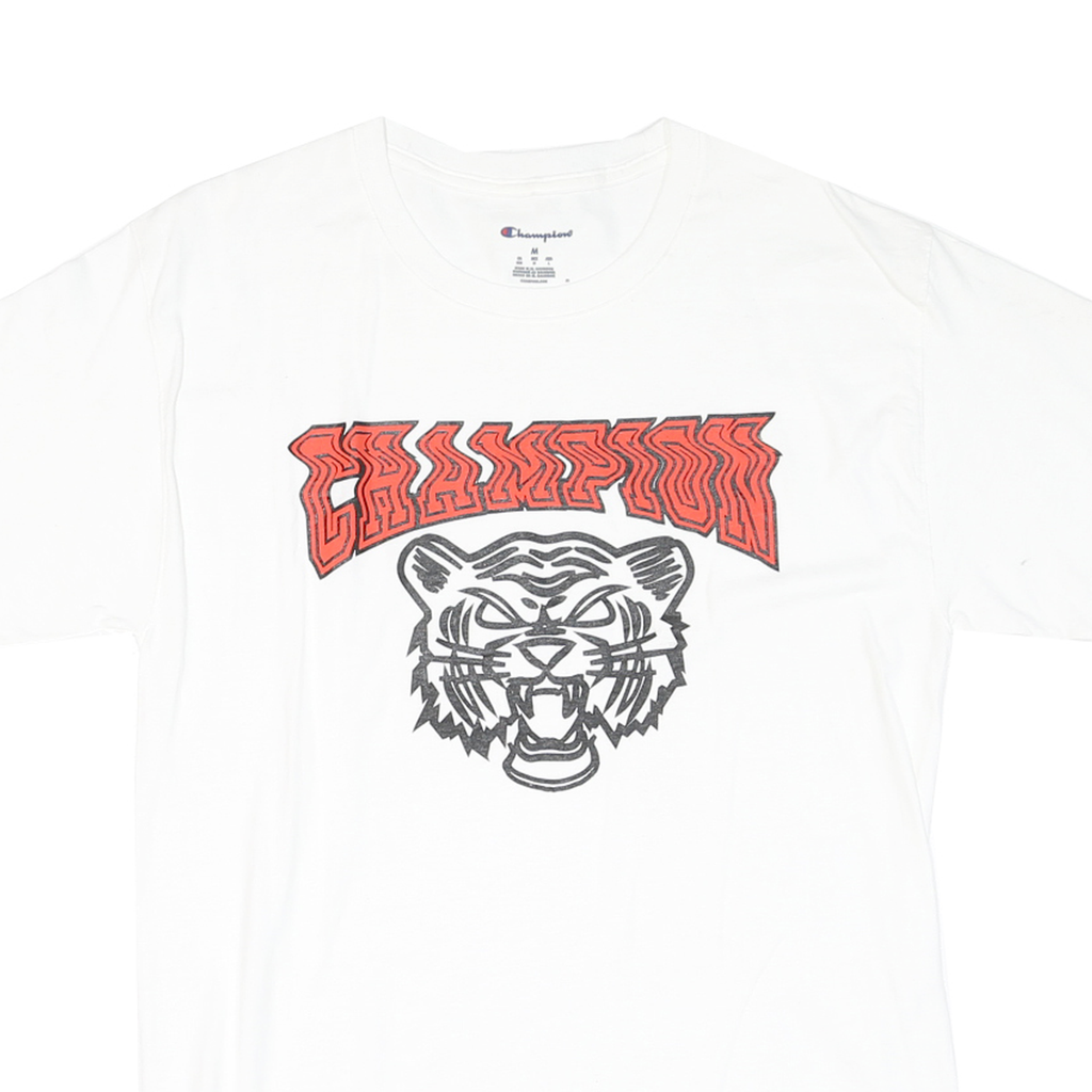 CHAMPION Mens White Graphic T-Shirt M Short Sleeve Crew Neck Cotton Blend Casual