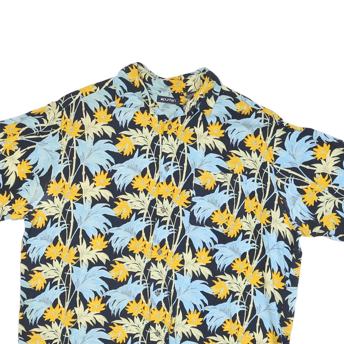 PURITAN Mens Black Blue & Yellow Floral Viscose Shirt XL Summer Holiday